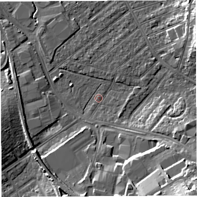 Shaded relief map of the ground around BS32LP, computed from Environment Agency LiDAR. The ground here sits at about 8 m above sea level and falls 24 m across the surrounding 800 m. Surface water reaching this point runs off ground lying to the south-east, 16.6 m higher.