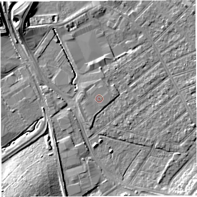 Shaded relief map of the ground around BS32LQ, computed from Environment Agency LiDAR. The ground here sits at about 8 m above sea level and falls 12 m across the surrounding 800 m. Surface water reaching this point runs off ground lying to the south-south-west, 0.7 m higher.