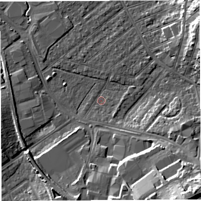 Shaded relief map of the ground around BS32LR, computed from Environment Agency LiDAR. The ground here sits at about 7 m above sea level and falls 25 m across the surrounding 800 m. Surface water reaching this point runs off ground lying to the south-east, 23.8 m higher.