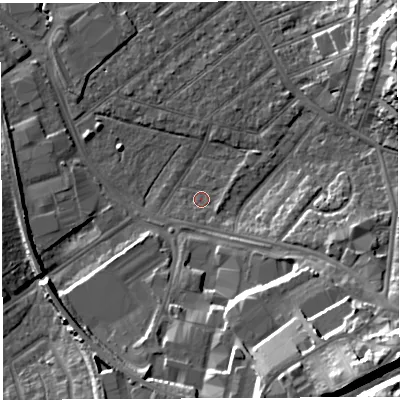 Shaded relief map of the ground around BS32LS, computed from Environment Agency LiDAR. The ground here sits at about 8 m above sea level and falls 30 m across the surrounding 800 m. Surface water reaching this point runs off ground lying to the south-east, 2.0 m higher.