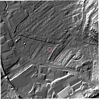 Shaded relief map of the ground around BS32LT, computed from Environment Agency LiDAR. The ground here sits at about 7 m above sea level and falls 25 m across the surrounding 800 m. Surface water reaching this point runs off ground lying to the south-east, 23.1 m higher.
