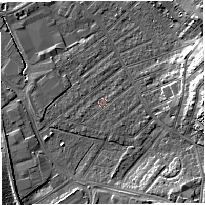 Shaded relief map of the ground around BS32LZ, computed from Environment Agency LiDAR. The ground here sits at about 8 m above sea level and falls 18 m across the surrounding 800 m. Surface water reaching this point runs off ground lying to the west-south-west, 1.2 m higher.