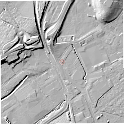Shaded relief map of the ground around BS32NA, computed from Environment Agency LiDAR. The ground here sits at about 8 m above sea level and falls 21 m across the surrounding 800 m. Surface water reaching this point runs off ground lying to the west, 15.1 m higher.