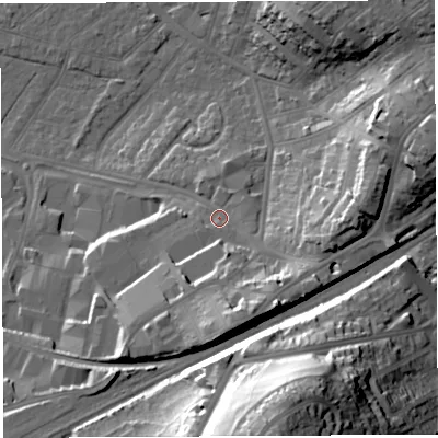 Shaded relief map of the ground around BS32NP, computed from Environment Agency LiDAR. The ground here sits at about 16 m above sea level and falls 53 m across the surrounding 800 m. Surface water reaching this point runs off ground lying to the south-south-east, 14.2 m higher.