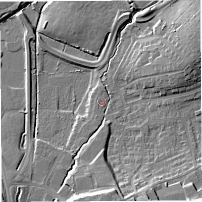 Shaded relief map of the ground around BS32QA, computed from Environment Agency LiDAR. The ground here sits at about 10 m above sea level and falls 16 m across the surrounding 800 m. Surface water reaching this point runs off ground lying to the west-south-west, 0.8 m higher.