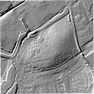 Shaded relief map of the ground around BS32QE, computed from Environment Agency LiDAR. The ground here sits at about 15 m above sea level and falls 14 m across the surrounding 800 m. Surface water reaching this point runs off ground lying to the east-south-east, 3.1 m higher.