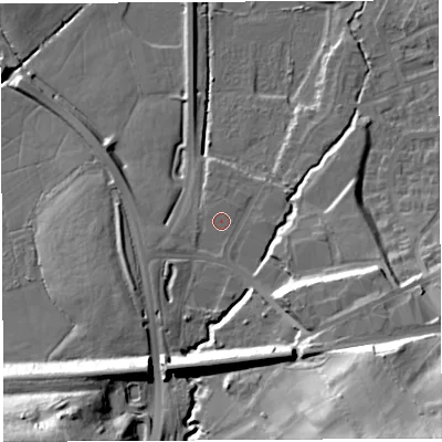 Shaded relief map of the ground around BS32UN, computed from Environment Agency LiDAR. The ground here sits at about 12 m above sea level and falls 37 m across the surrounding 800 m. The ground contributing surface water to this point lies to the south.