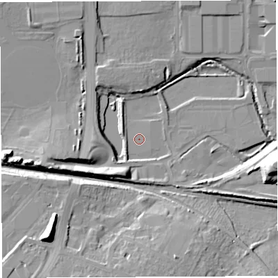 Shaded relief map of the ground around BS347QH, computed from Environment Agency LiDAR. The ground here sits at about 52 m above sea level and falls 19 m across the surrounding 800 m. The ground contributing surface water to this point lies to the east-north-east.