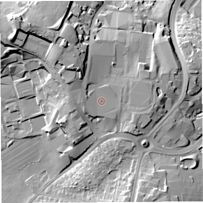 Shaded relief map of the ground around BS347QQ, computed from Environment Agency LiDAR. The ground here sits at about 86 m above sea level and falls 35 m across the surrounding 800 m. Surface water reaching this point runs off ground lying to the north-west, 7.5 m higher.