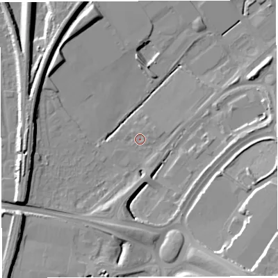 Shaded relief map of the ground around BS348AB, computed from Environment Agency LiDAR. The ground here sits at about 54 m above sea level and falls 19 m across the surrounding 800 m. Surface water reaching this point runs off ground lying to the south-south-west, 7.0 m higher.
