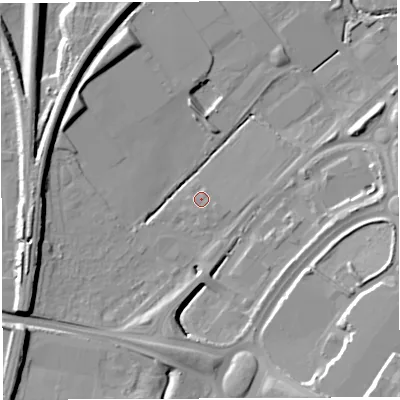 Shaded relief map of the ground around BS348AD, computed from Environment Agency LiDAR. The ground here sits at about 54 m above sea level and falls 19 m across the surrounding 800 m. Surface water reaching this point runs off ground lying to the south-east, 0.7 m higher.