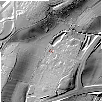 Shaded relief map of the ground around BS348AL, computed from Environment Agency LiDAR. The ground here sits at about 54 m above sea level and falls 26 m across the surrounding 800 m. Surface water reaching this point runs off ground lying to the south-south-east, 4.7 m higher.