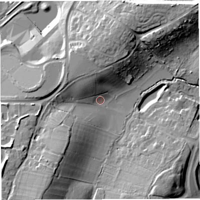 Shaded relief map of the ground around BS348AW, computed from Environment Agency LiDAR. The ground here sits at about 55 m above sea level and falls 23 m across the surrounding 800 m. Surface water reaching this point runs off ground lying to the south-west, 16.6 m higher.