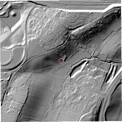 Shaded relief map of the ground around BS348AY, computed from Environment Agency LiDAR. The ground here sits at about 55 m above sea level and falls 26 m across the surrounding 800 m. Surface water reaching this point runs off ground lying to the north-west, 12.0 m higher.