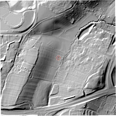 Shaded relief map of the ground around BS348BA, computed from Environment Agency LiDAR. The ground here sits at about 55 m above sea level and falls 24 m across the surrounding 800 m. Surface water reaching this point runs off ground lying to the west-south-west, 12.8 m higher.