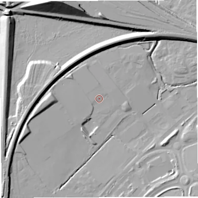 Shaded relief map of the ground around BS348LP, computed from Environment Agency LiDAR. The ground here sits at about 53 m above sea level and falls 27 m across the surrounding 800 m. Surface water reaching this point runs off ground lying to the west-south-west, 0.6 m higher.