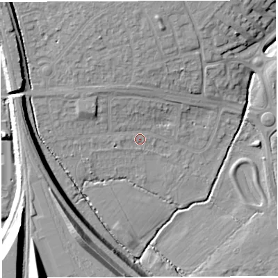 Shaded relief map of the ground around BS348ND, computed from Environment Agency LiDAR. The ground here sits at about 49 m above sea level and falls 25 m across the surrounding 800 m. Surface water reaching this point runs off ground lying to the north-west, 4.6 m higher.