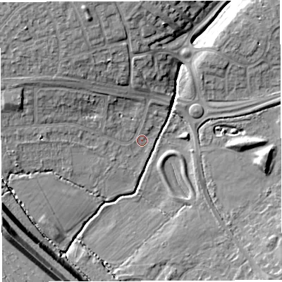 Shaded relief map of the ground around BS348NF, computed from Environment Agency LiDAR. The ground here sits at about 47 m above sea level and falls 22 m across the surrounding 800 m. Surface water reaching this point runs off ground lying to the north-north-west, 11.5 m higher.