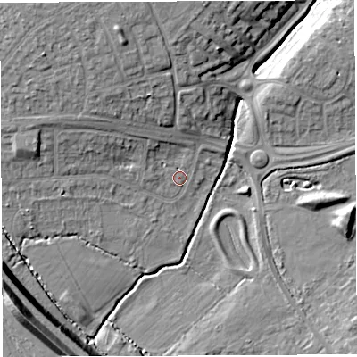 Shaded relief map of the ground around BS348NG, computed from Environment Agency LiDAR. The ground here sits at about 47 m above sea level and falls 22 m across the surrounding 800 m. Surface water reaching this point runs off ground lying to the north-north-west, 8.8 m higher.
