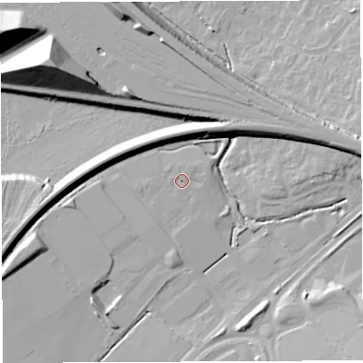 Shaded relief map of the ground around BS348SF, computed from Environment Agency LiDAR. The ground here sits at about 52 m above sea level and falls 30 m across the surrounding 800 m. Surface water reaching this point runs off ground lying to the east-north-east, 0.5 m higher.