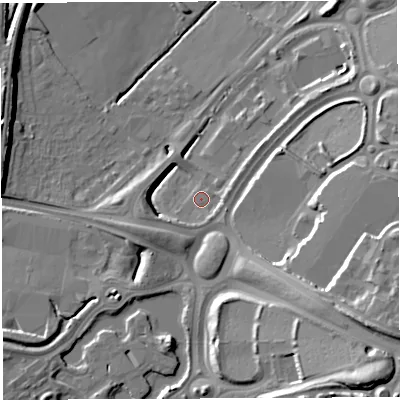 Shaded relief map of the ground around BS348TJ, computed from Environment Agency LiDAR. The ground here sits at about 56 m above sea level and falls 25 m across the surrounding 800 m. Surface water reaching this point runs off ground lying to the south-east, 14.6 m higher.