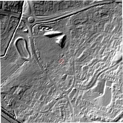 Shaded relief map of the ground around BS348UH, computed from Environment Agency LiDAR. The ground here sits at about 48 m above sea level and falls 22 m across the surrounding 800 m. Surface water reaching this point runs off ground lying to the south-east, 2.4 m higher.