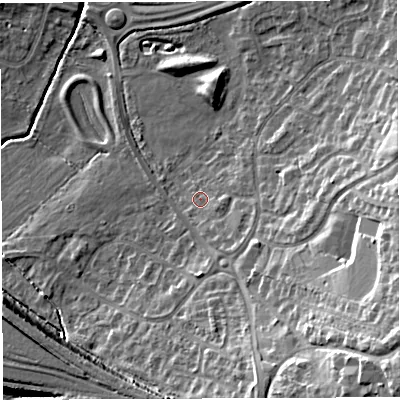 Shaded relief map of the ground around BS348UQ, computed from Environment Agency LiDAR. The ground here sits at about 49 m above sea level and falls 22 m across the surrounding 800 m. Surface water reaching this point runs off ground lying to the south-east, 3.3 m higher.
