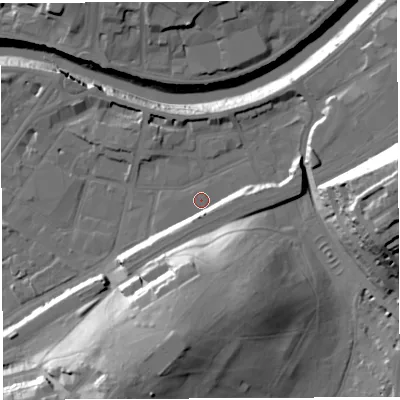 Shaded relief map of the ground around BS34AG, computed from Environment Agency LiDAR. The ground here sits at about 9 m above sea level and falls 44 m across the surrounding 800 m. Surface water reaching this point runs off ground lying to the south-south-east, 7.1 m higher.