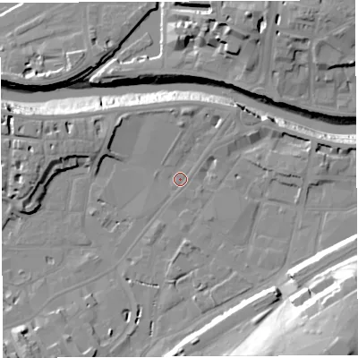 Shaded relief map of the ground around BS34AQ, computed from Environment Agency LiDAR. The ground here sits at about 9 m above sea level and falls 37 m across the surrounding 800 m. Surface water reaching this point runs off ground lying to the north, 4.0 m higher.