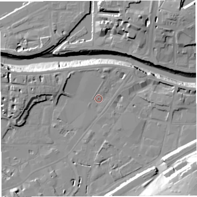 Shaded relief map of the ground around BS34AS, computed from Environment Agency LiDAR. The ground here sits at about 9 m above sea level and falls 36 m across the surrounding 800 m. Surface water reaching this point runs off ground lying to the north-north-east, 4.0 m higher.
