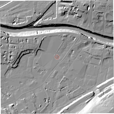 Shaded relief map of the ground around BS34AT, computed from Environment Agency LiDAR. The ground here sits at about 9 m above sea level and falls 37 m across the surrounding 800 m. Surface water reaching this point runs off ground lying to the north-north-east, 4.0 m higher.