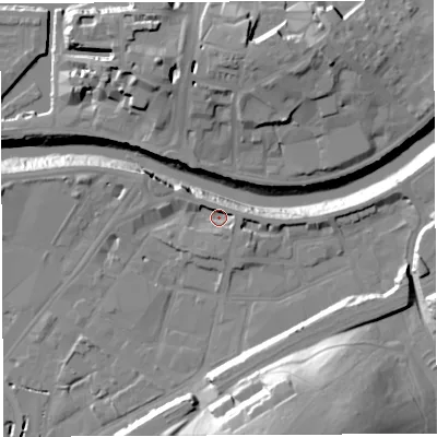 Shaded relief map of the ground around BS34AW, computed from Environment Agency LiDAR. The ground here sits at about 9 m above sea level and falls 33 m across the surrounding 800 m. Surface water reaching this point runs off ground lying to the east, 3.2 m higher.