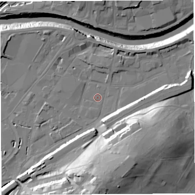 Shaded relief map of the ground around BS34AY, computed from Environment Agency LiDAR. The ground here sits at about 8 m above sea level and falls 40 m across the surrounding 800 m. Surface water reaching this point runs off ground lying to the south, 33.1 m higher.