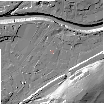 Shaded relief map of the ground around BS34AZ, computed from Environment Agency LiDAR. The ground here sits at about 9 m above sea level and falls 40 m across the surrounding 800 m. The ground contributing surface water to this point lies to the north-east.