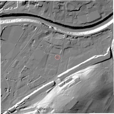 Shaded relief map of the ground around BS34BE, computed from Environment Agency LiDAR. The ground here sits at about 8 m above sea level and falls 40 m across the surrounding 800 m. Surface water reaching this point runs off ground lying to the south, 32.8 m higher.