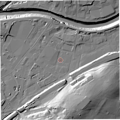 Shaded relief map of the ground around BS34BG, computed from Environment Agency LiDAR. The ground here sits at about 8 m above sea level and falls 40 m across the surrounding 800 m. Surface water reaching this point runs off ground lying to the south, 33.1 m higher.