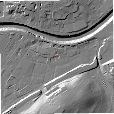 Shaded relief map of the ground around BS34BL, computed from Environment Agency LiDAR. The ground here sits at about 9 m above sea level and falls 37 m across the surrounding 800 m. Surface water reaching this point runs off ground lying to the south, 29.9 m higher.