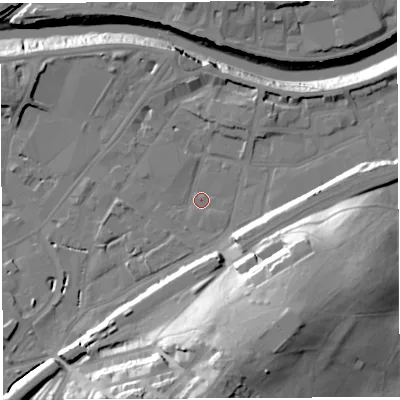 Shaded relief map of the ground around BS34BQ, computed from Environment Agency LiDAR. The ground here sits at about 8 m above sea level and falls 40 m across the surrounding 800 m. Surface water reaching this point runs off ground lying to the south, 33.2 m higher.
