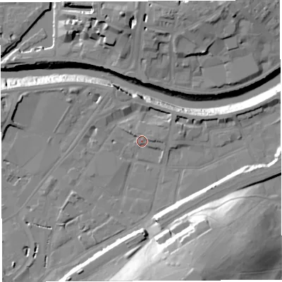 Shaded relief map of the ground around BS34BW, computed from Environment Agency LiDAR. The ground here sits at about 9 m above sea level and falls 37 m across the surrounding 800 m. Surface water reaching this point runs off ground lying to the south-south-east, 29.9 m higher.