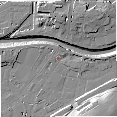 Shaded relief map of the ground around BS34BX, computed from Environment Agency LiDAR. The ground here sits at about 9 m above sea level and falls 33 m across the surrounding 800 m. Surface water reaching this point runs off ground lying to the east, 4.5 m higher.