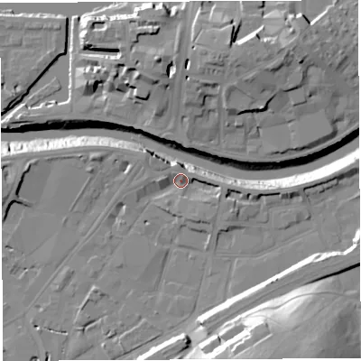 Shaded relief map of the ground around BS34BZ, computed from Environment Agency LiDAR. The ground here sits at about 10 m above sea level and falls 32 m across the surrounding 800 m. Surface water reaching this point runs off ground lying to the east-south-east, 3.6 m higher.