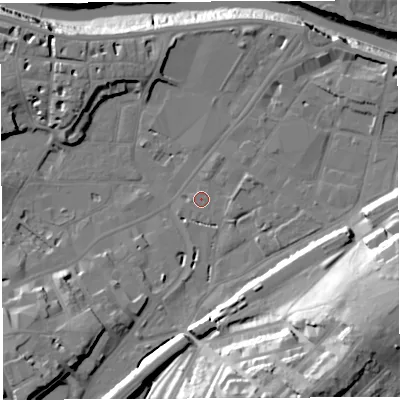 Shaded relief map of the ground around BS34DB, computed from Environment Agency LiDAR. The ground here sits at about 8 m above sea level and falls 41 m across the surrounding 800 m. Surface water reaching this point runs off ground lying to the south-south-east, 34.1 m higher.
