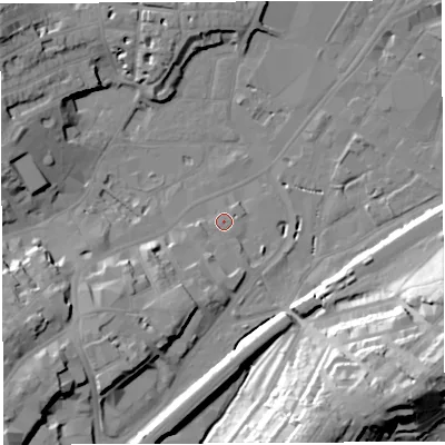 Shaded relief map of the ground around BS34DG, computed from Environment Agency LiDAR. The ground here sits at about 9 m above sea level and falls 34 m across the surrounding 800 m. Surface water reaching this point runs off ground lying to the south-south-west, 8.2 m higher.