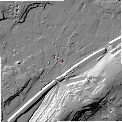 Shaded relief map of the ground around BS34DJ, computed from Environment Agency LiDAR. The ground here sits at about 9 m above sea level and falls 35 m across the surrounding 800 m. Surface water reaching this point runs off ground lying to the south, 34.1 m higher.