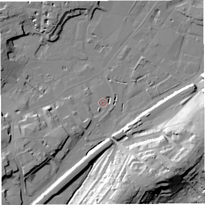 Shaded relief map of the ground around BS34DL, computed from Environment Agency LiDAR. The ground here sits at about 9 m above sea level and falls 35 m across the surrounding 800 m. Surface water reaching this point runs off ground lying to the south-south-west, 4.3 m higher.