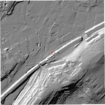 Shaded relief map of the ground around BS34DN, computed from Environment Agency LiDAR. The ground here sits at about 9 m above sea level and falls 35 m across the surrounding 800 m. Surface water reaching this point runs off ground lying to the south-south-west, 8.4 m higher.