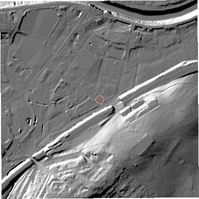Shaded relief map of the ground around BS34DR, computed from Environment Agency LiDAR. The ground here sits at about 9 m above sea level and falls 41 m across the surrounding 800 m. Surface water reaching this point runs off ground lying to the south, 33.3 m higher.