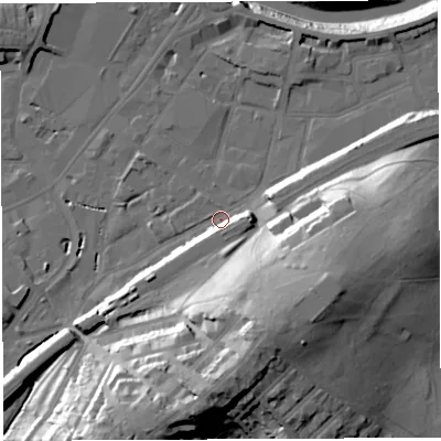 Shaded relief map of the ground around BS34DW, computed from Environment Agency LiDAR. The ground here sits at about 9 m above sea level and falls 40 m across the surrounding 800 m. Surface water reaching this point runs off ground lying to the south-south-east, 7.3 m higher.