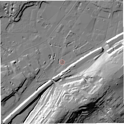 Shaded relief map of the ground around BS34DX, computed from Environment Agency LiDAR. The ground here sits at about 9 m above sea level and falls 35 m across the surrounding 800 m. Surface water reaching this point runs off ground lying to the south, 34.1 m higher.