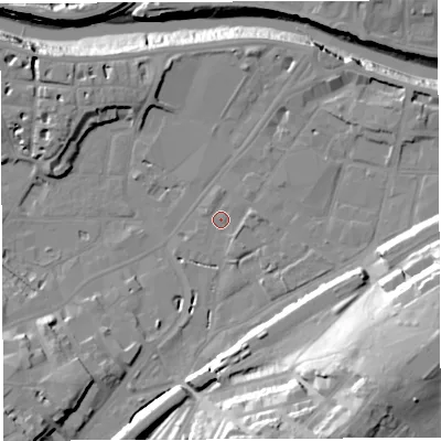 Shaded relief map of the ground around BS34DY, computed from Environment Agency LiDAR. The ground here sits at about 8 m above sea level and falls 41 m across the surrounding 800 m. Surface water reaching this point runs off ground lying to the east, 2.1 m higher.
